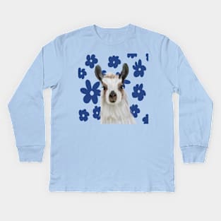 Llama | Blue Retro Flowers | Llama Lovers Gift Kids Long Sleeve T-Shirt